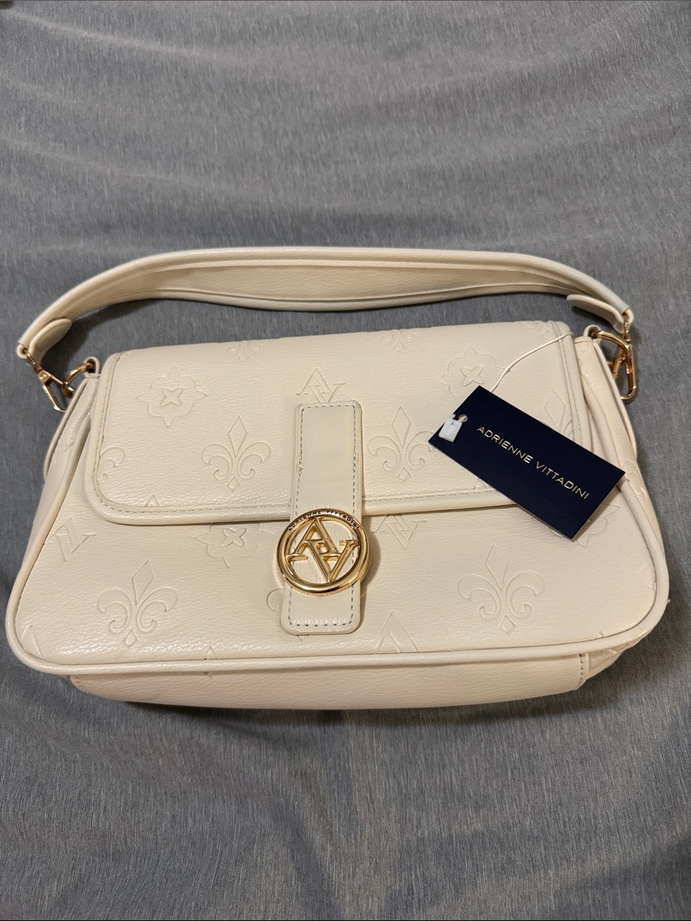 Adrienne Vittadini Ivory Shoulder Bag with Gold Logo Accent